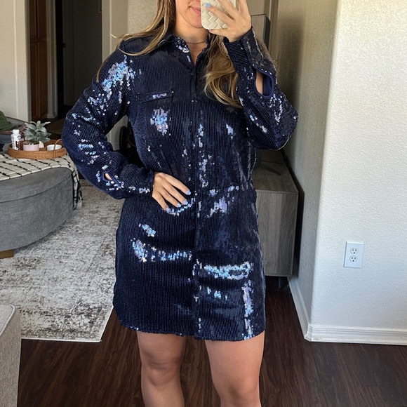 Free People Sophie Sequin Navy Blue Shirt Dress Long Sleeve Disco Dance - size M - Picture 6 of 7
